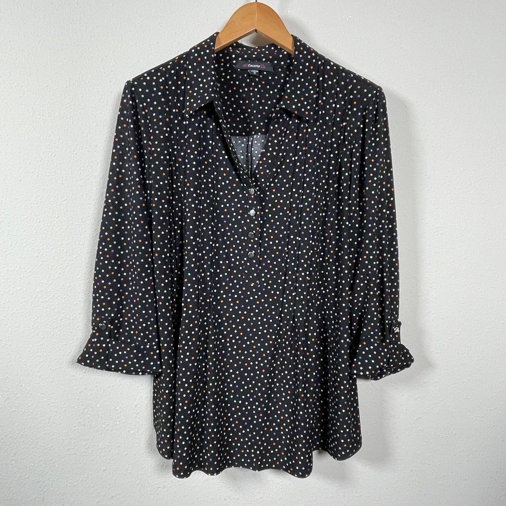 Cocomo Polka Dot Blouse Womens 1X Black Multi Color Excellent Pleated Tunic Top